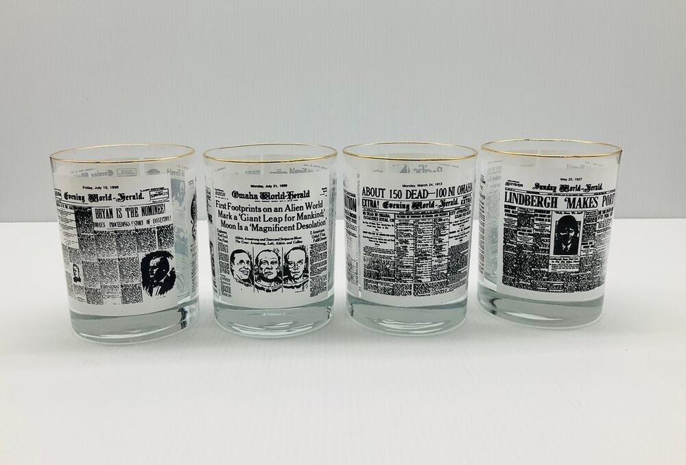 Vintage Omaha World Herald Historic Headlines Whiskey Glasses Set of 4 Gold Rim